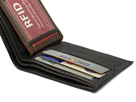 RFID Blocking Men's Genuine Leather Bifold Wallet ID Center Flap Card Holder