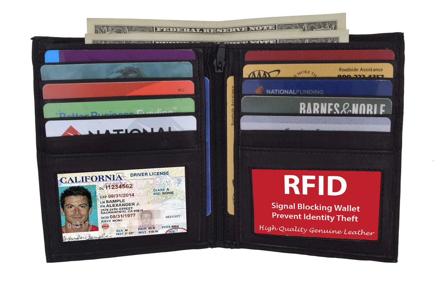 RFID Blocking Genuine Leather Men's European Hipster Bifold Wallet 10 Card 2 ID