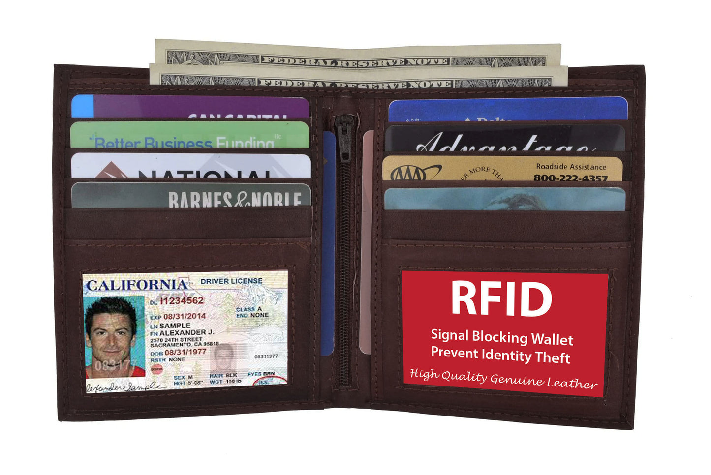 RFID Blocking Genuine Leather Men's European Hipster Bifold Wallet 10 Card 2 ID