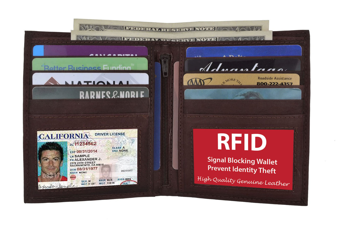 RFID Blocking Genuine Leather Men's European Hipster Bifold Wallet 10 Card 2 ID