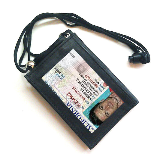 RFID BLocking Black Genuine Leather Neck Strap ID Badge 6 Credit Card Billfold Holder Zip Lanyard Wallet