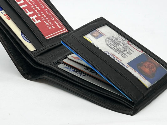 RFID Block Genuine Leather Men's European Bifold Wallet Center Flap