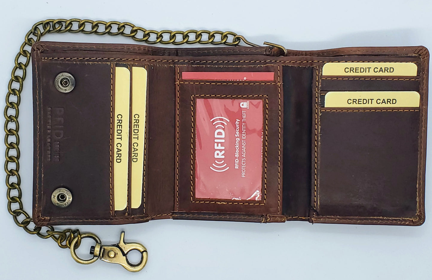 Hunter Brown Men's Genuine Leather Biker Trifold Wallet Steel Chain Trucker Motorcyclist