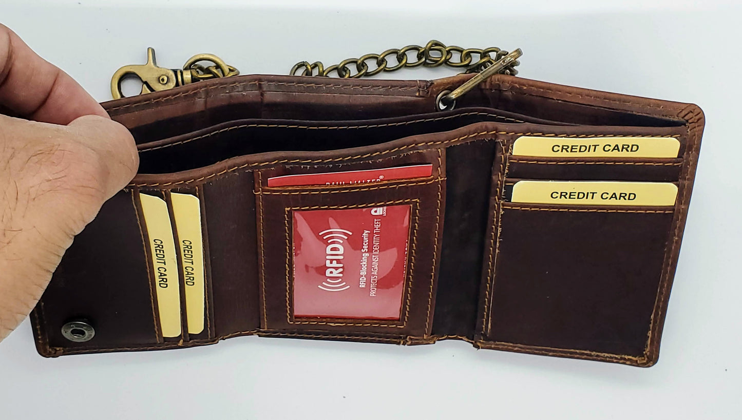 Hunter Brown Men's Genuine Leather Biker Trifold Wallet Steel Chain Trucker Motorcyclist