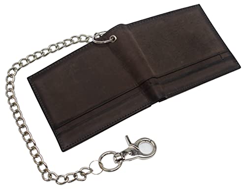 Hunter Brown Vintage Leather Bifold Hipster Biker's Wallet Steel Chain Trucker Motorcyclist