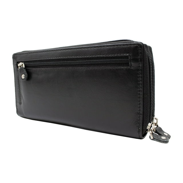 Black Genuine Leather Credit Card Checkbook Organizer Women's Clutch Wallet Zip