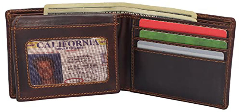 Hunter Brown RFID Blocking Genuine Leather Bifold Wallet Flip Up ID Holder