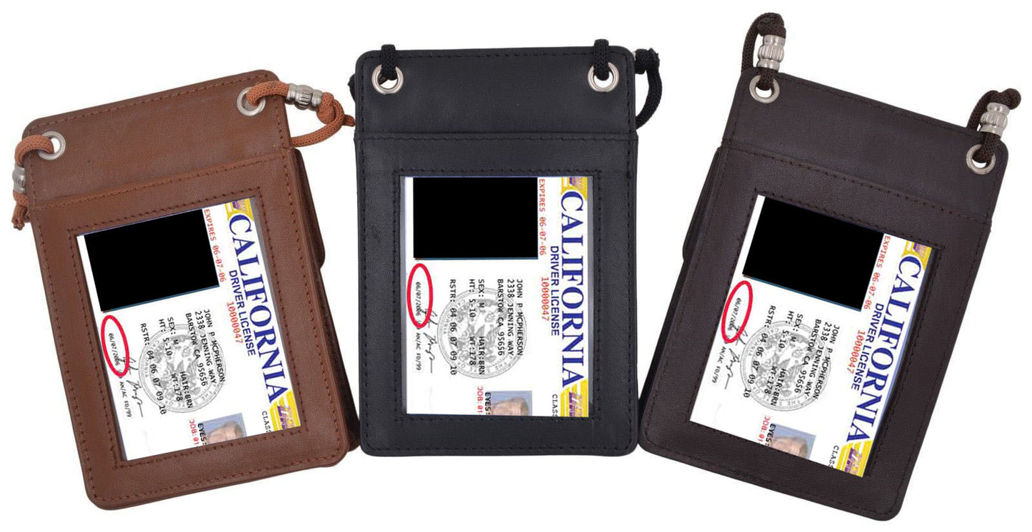 RFID Blocking Genuine Leather ID Badge Holder Credit Card Wallet with Lanyard Adjustable Neck Strap