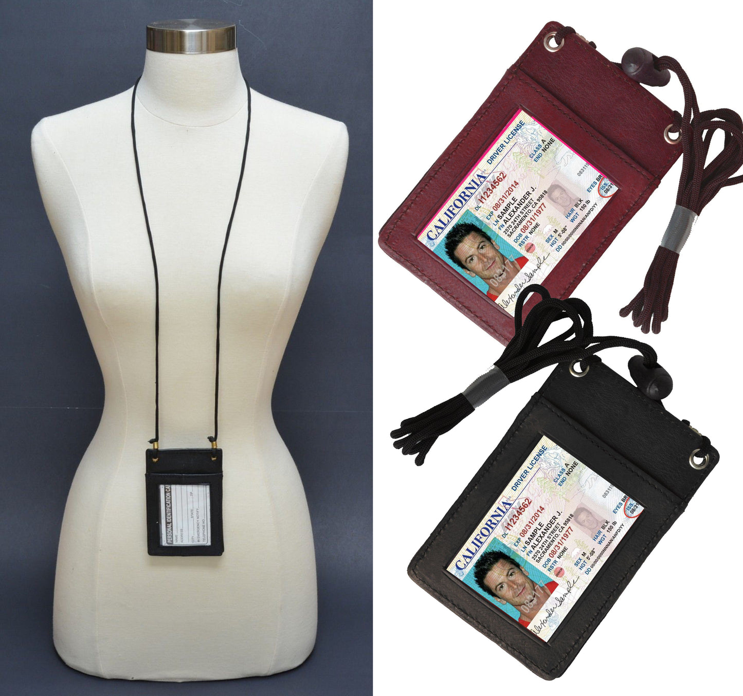 RFID Blocking Genuine Leather ID Badge Holder Credit Card Wallet with Lanyard Adjustable Neck Strap