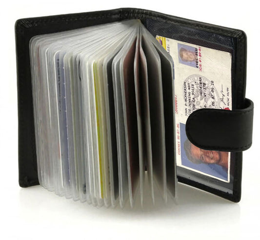 Black Leather Pocket Business Card Organizer Clear Sleeve Insert strap closed ID Wallet