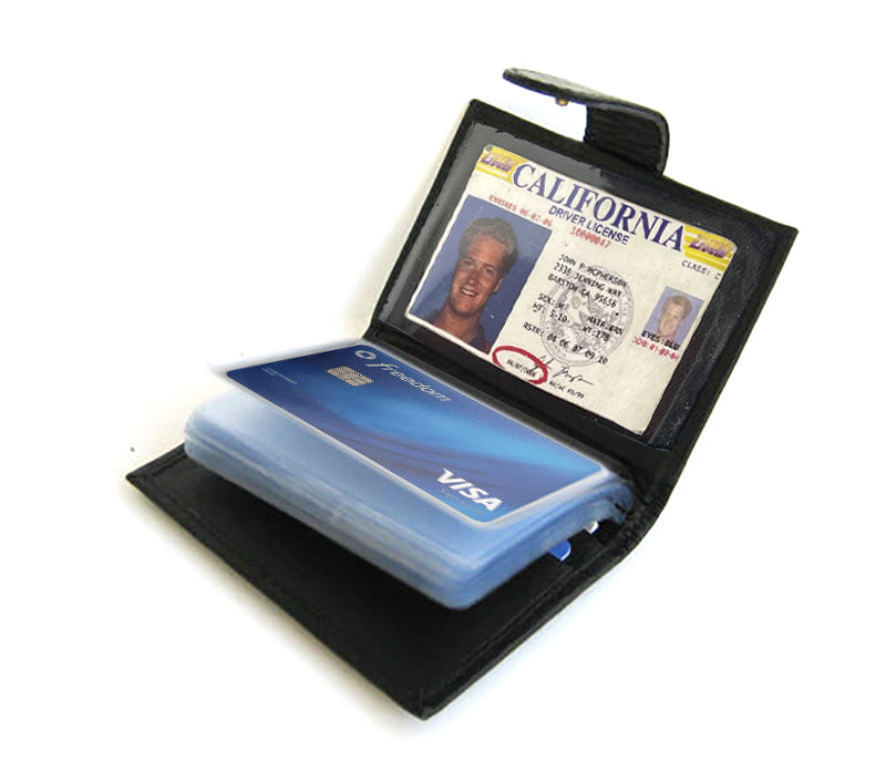 Black Leather Pocket Business Card Organizer Clear Sleeve Insert strap closed ID Wallet