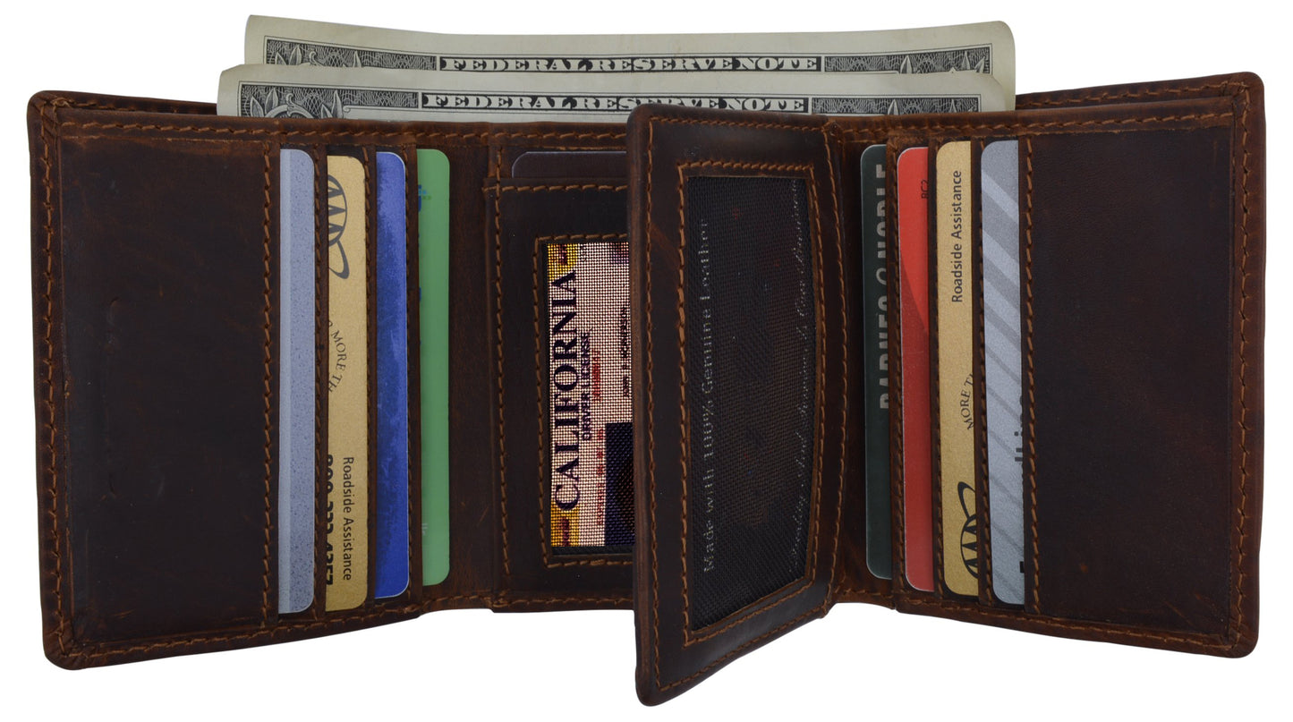RFID Blocking Vintage Hunter Brown Leather Men's Trifold Wallet Center Flap New