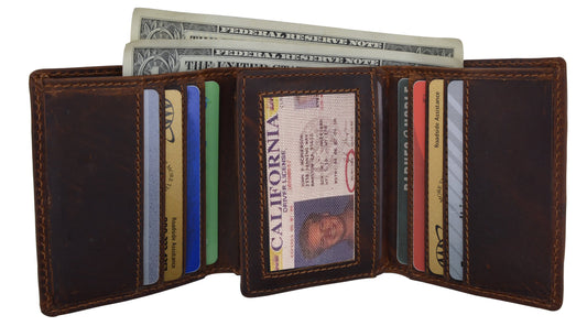 RFID Blocking Vintage Hunter Brown Leather Men's Trifold Wallet Center Flap New