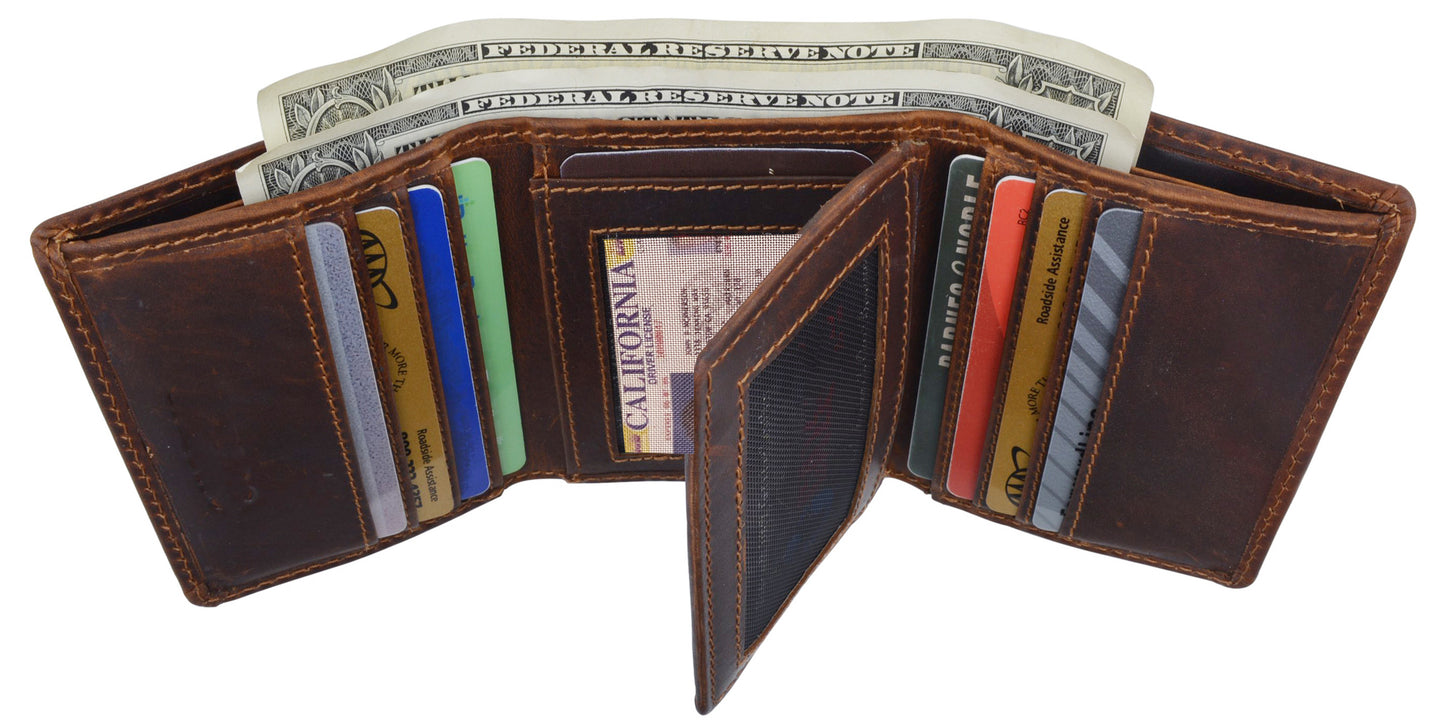 RFID Blocking Vintage Hunter Brown Leather Men's Trifold Wallet Center Flap New