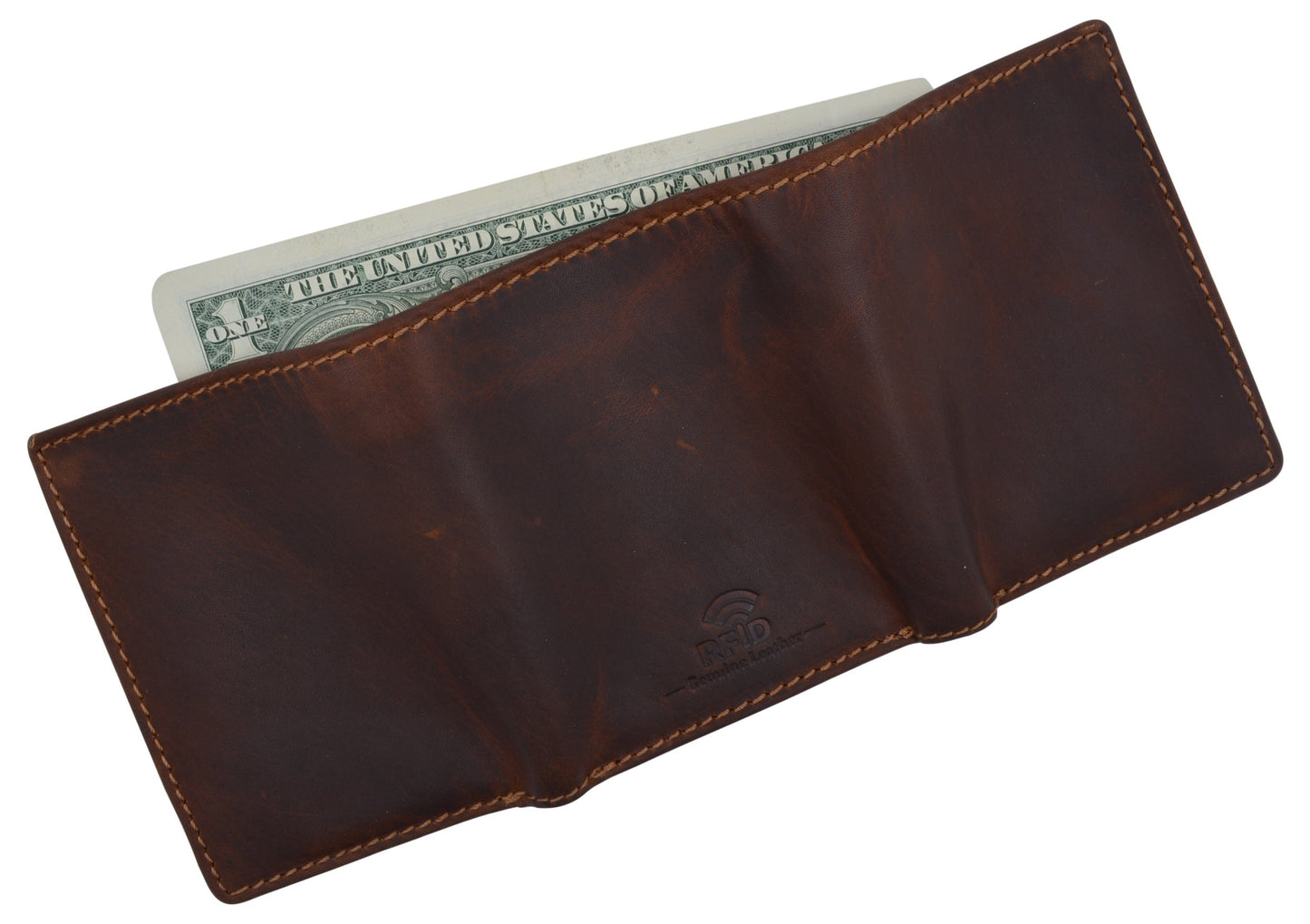 RFID Blocking Vintage Hunter Brown Leather Men's Trifold Wallet Center Flap New