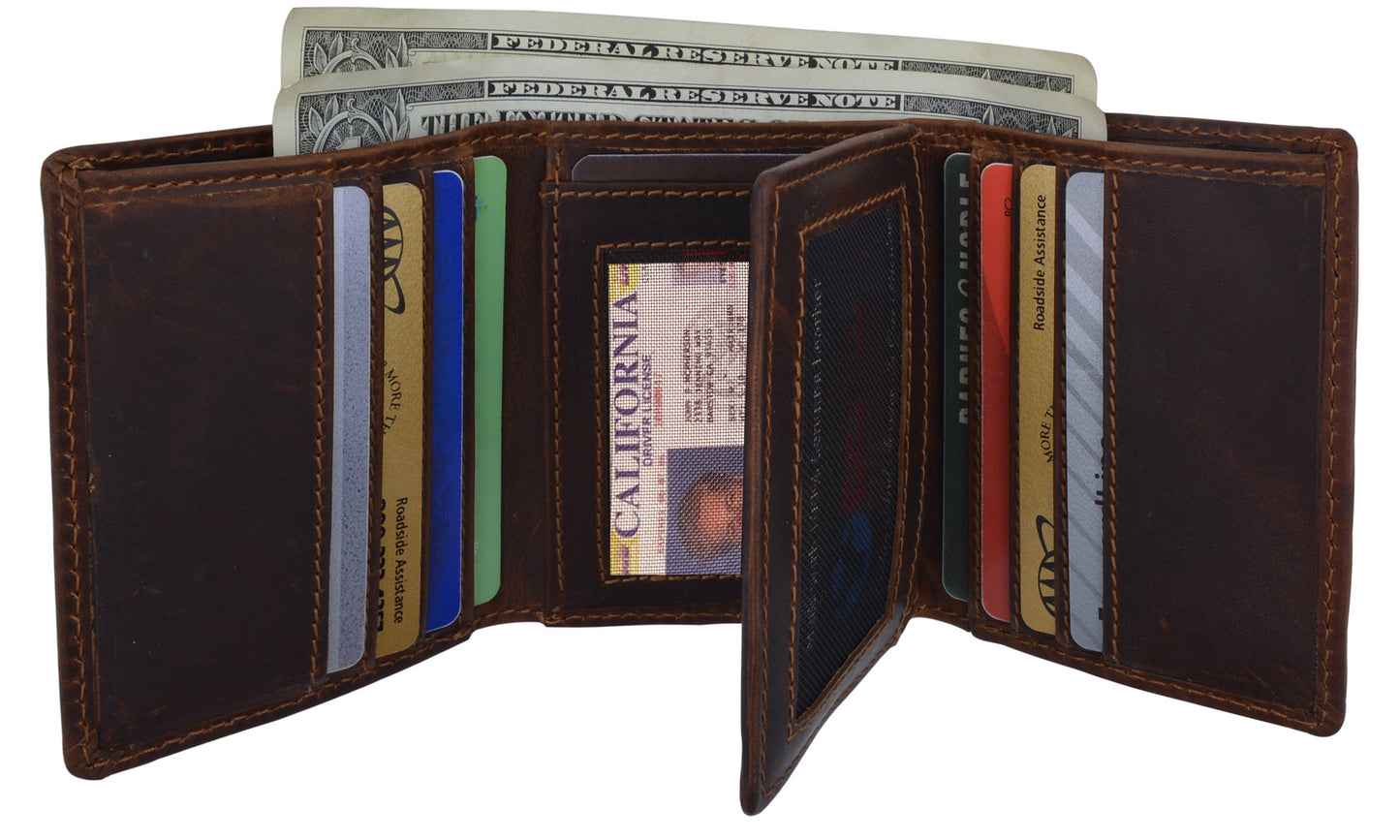 RFID Blocking Vintage Hunter Brown Leather Men's Trifold Wallet Center Flap New