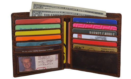 RFID Blocking Hunter Brown Men's Distress Vintage Leather Men's Slim Hipster Bifold European Wallet