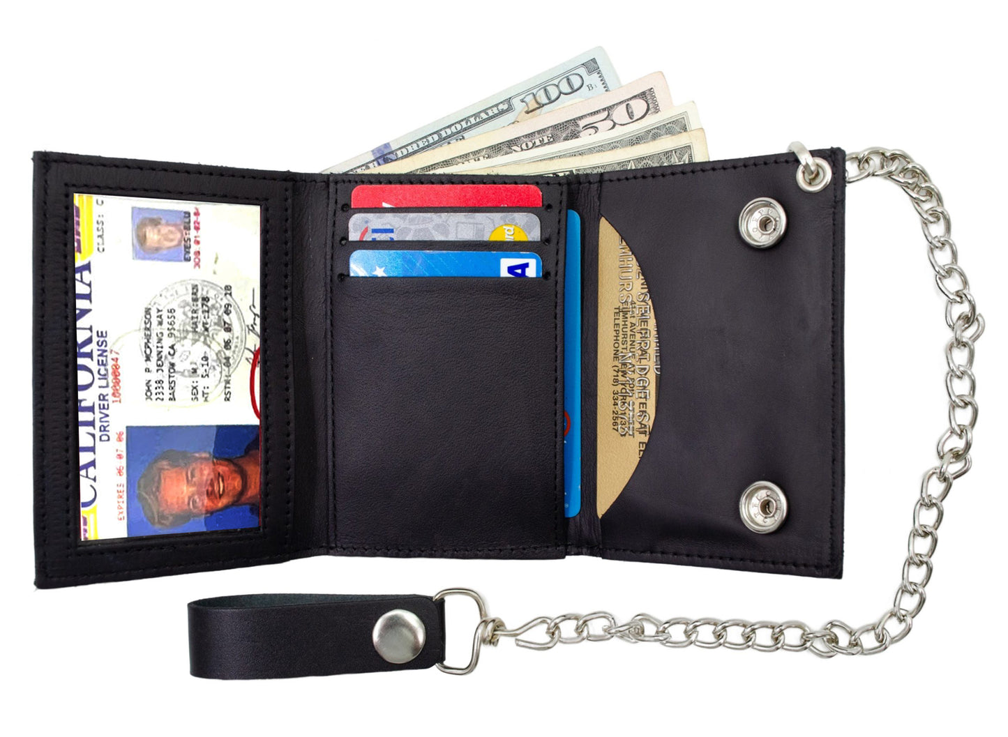 Black Men's Genuine Leather Biker Trifold Wallet Long Chain Trucker Motorcyclist