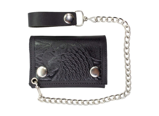 Black Men's Genuine Leather Biker Trifold Wallet Long Chain Trucker Motorcyclist