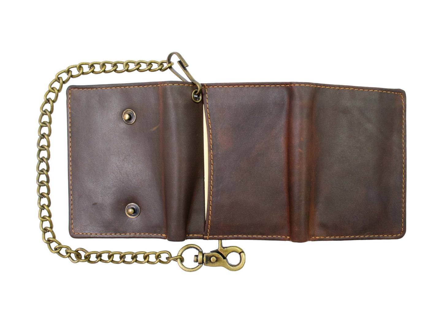 Hunter Brown Men's Genuine Leather Biker Trifold Wallet Steel Chain Trucker Motorcyclist