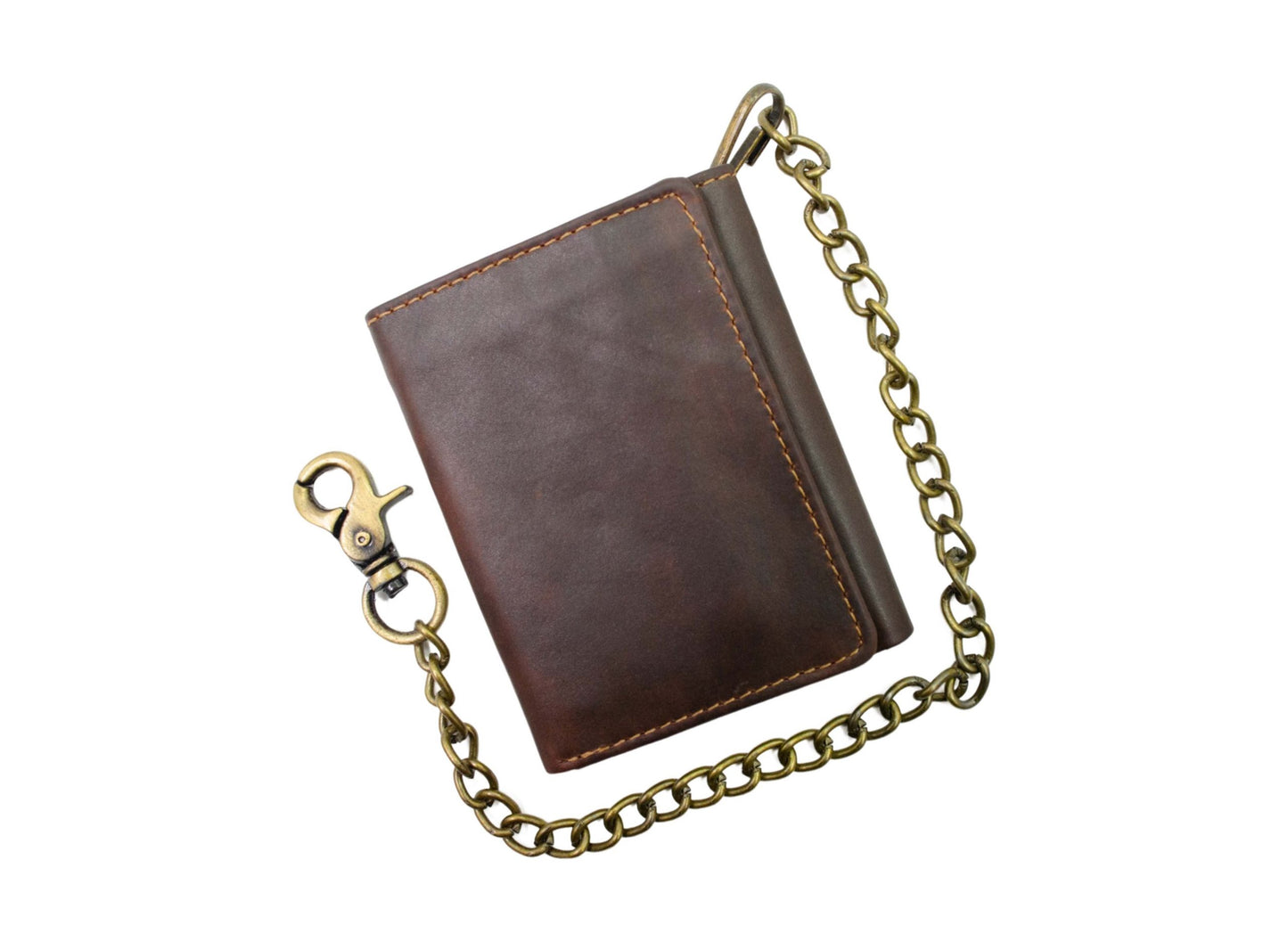 Hunter Brown Men's Genuine Leather Biker Trifold Wallet Steel Chain Trucker Motorcyclist