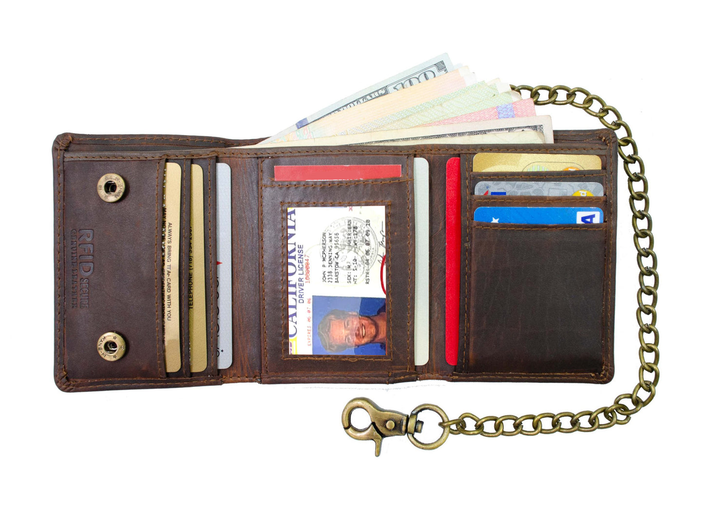 Hunter Brown Men's Genuine Leather Biker Trifold Wallet Steel Chain Trucker Motorcyclist