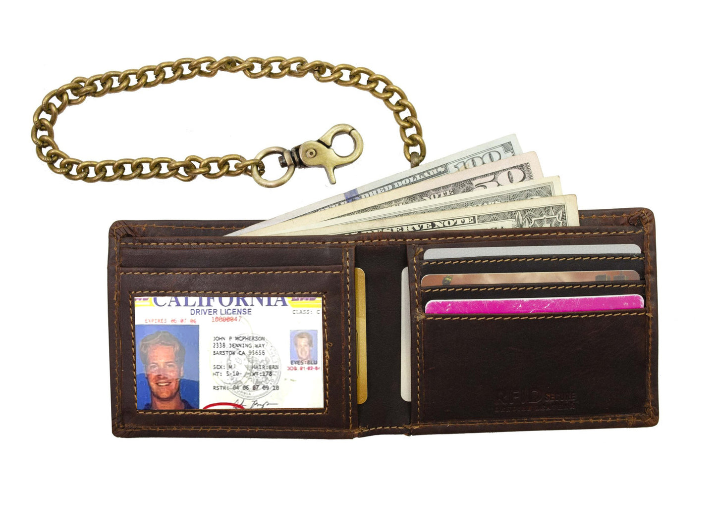 Hunter Brown Men's Genuine Leather Biker Trifold Wallet Steel Chain Trucker Motorcyclist