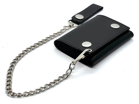 Black Mens Leather Biker's Chain Trifold Wallet Trucker Motorcycle Steel Chain