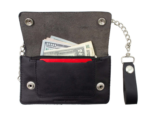 Black Genuine Leather Men's Biker Long Wallet Steel Chain Trucker Motorcyclist M