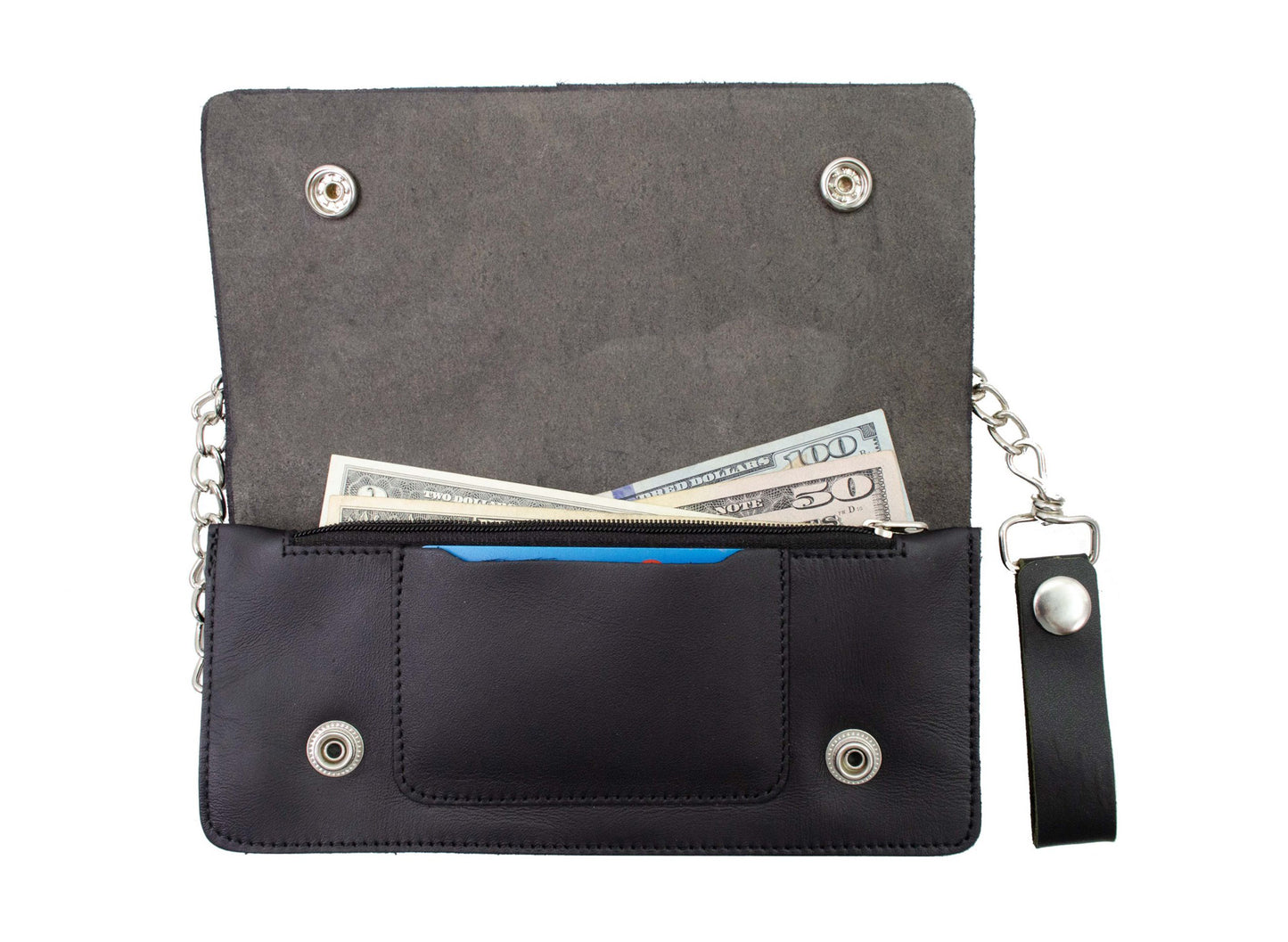 Black Genuine Leather Men's Biker Long Wallet Steel Chain Trucker Motorcyclist L