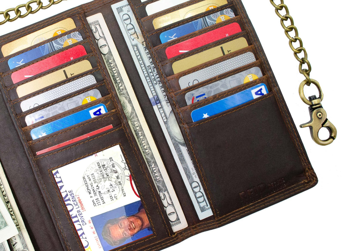 Hunter Brown Vintage Leather Men's Biker Long Wallet Steel Chain Trucker Motorcyclist Premium Cowhide
