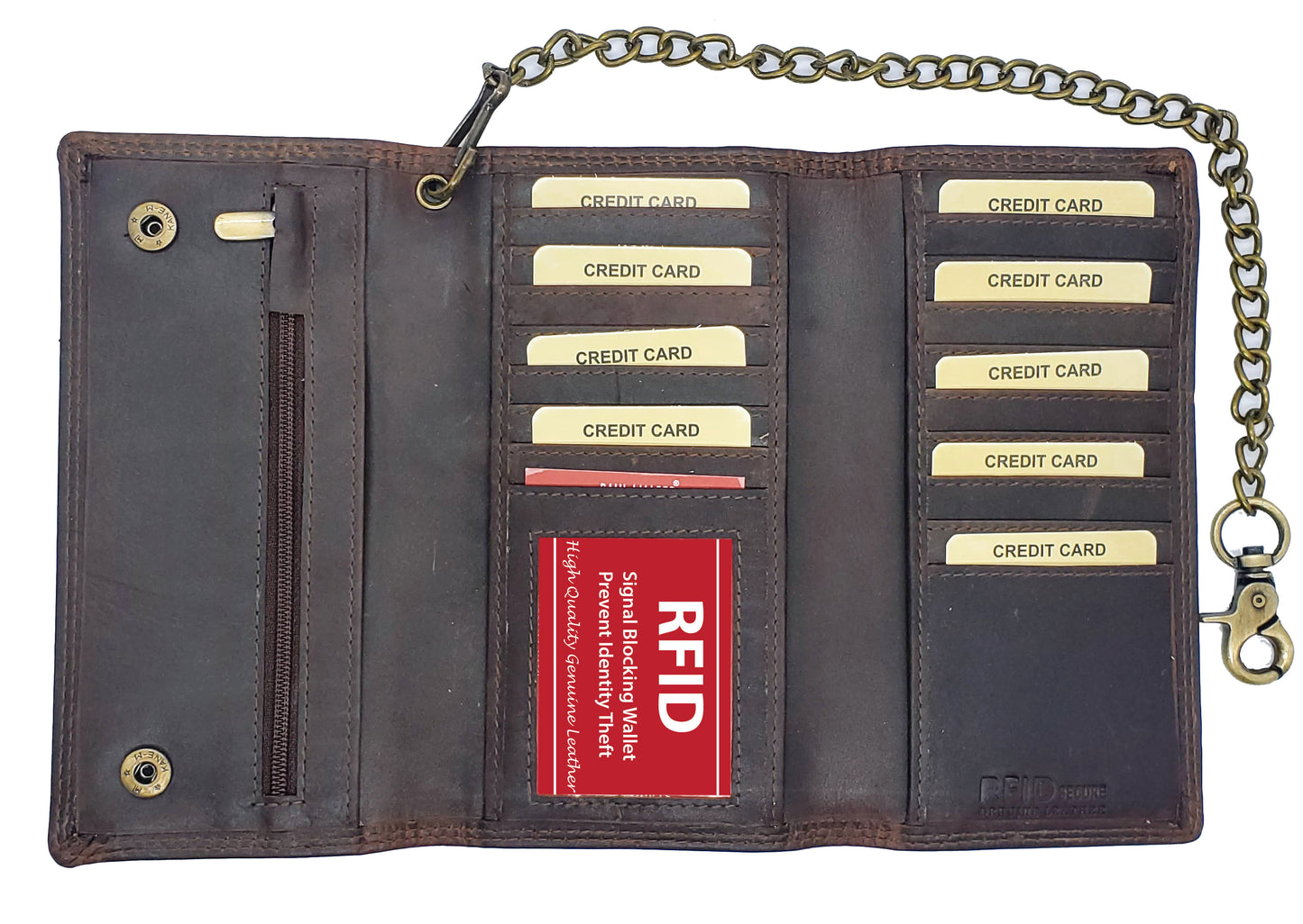 Hunter Brown Vintage Leather Men's Biker Long Wallet Steel Chain Trucker Motorcyclist Premium Cowhide