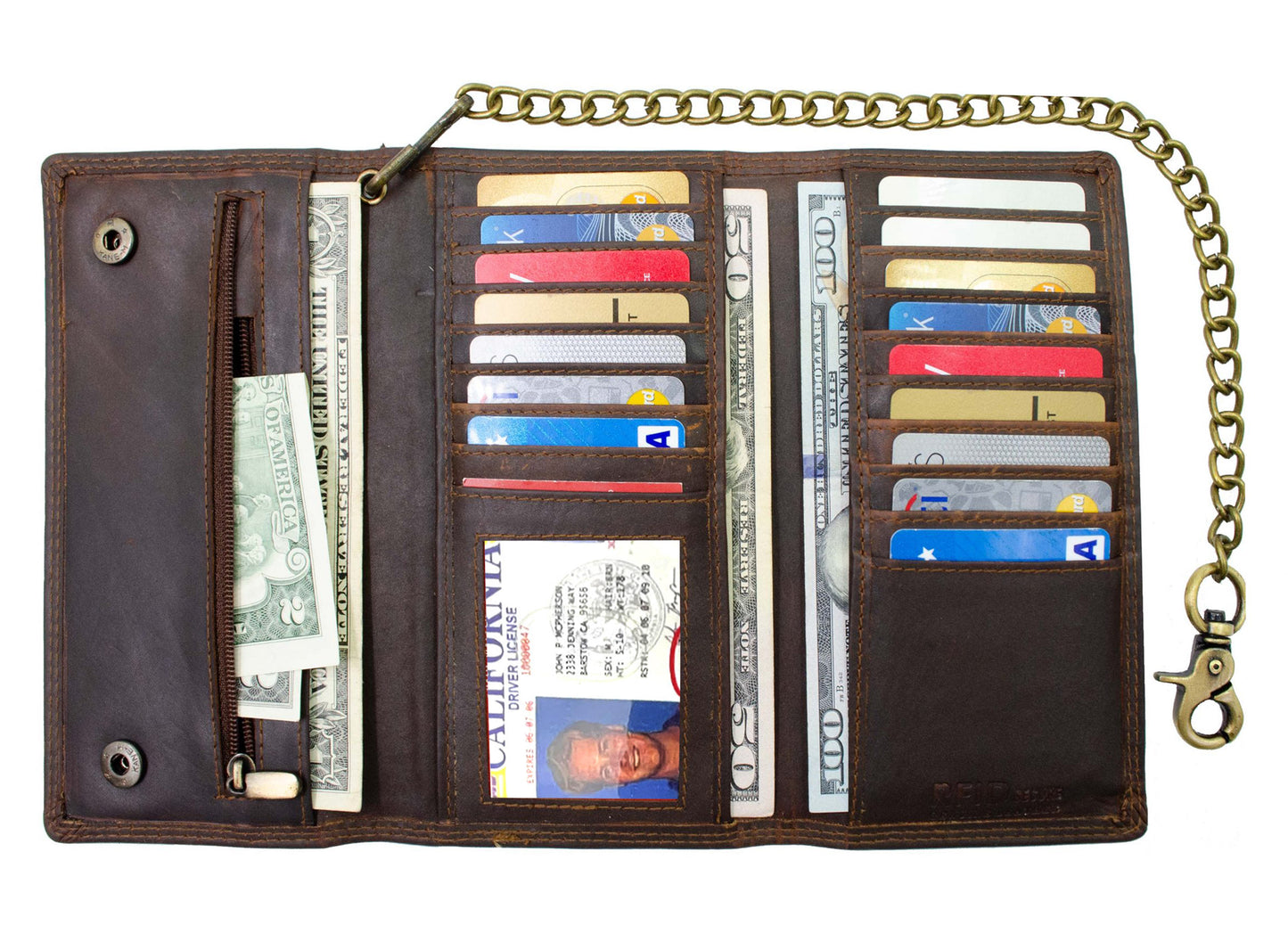 Hunter Brown Vintage Leather Men's Biker Long Wallet Steel Chain Trucker Motorcyclist Premium Cowhide
