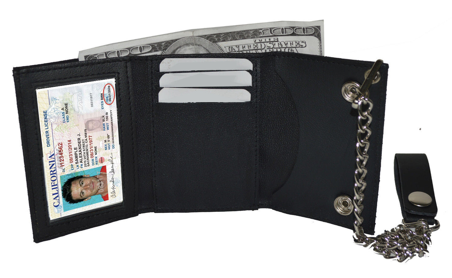 Black Men's Genuine Leather Biker Trifold Wallet Long Chain Trucker Motorcycle