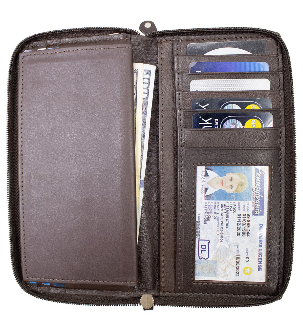 RFID Blocking Leather 2 Zip Wallet Women Credit Card Holder Accordion Organizer Wallet