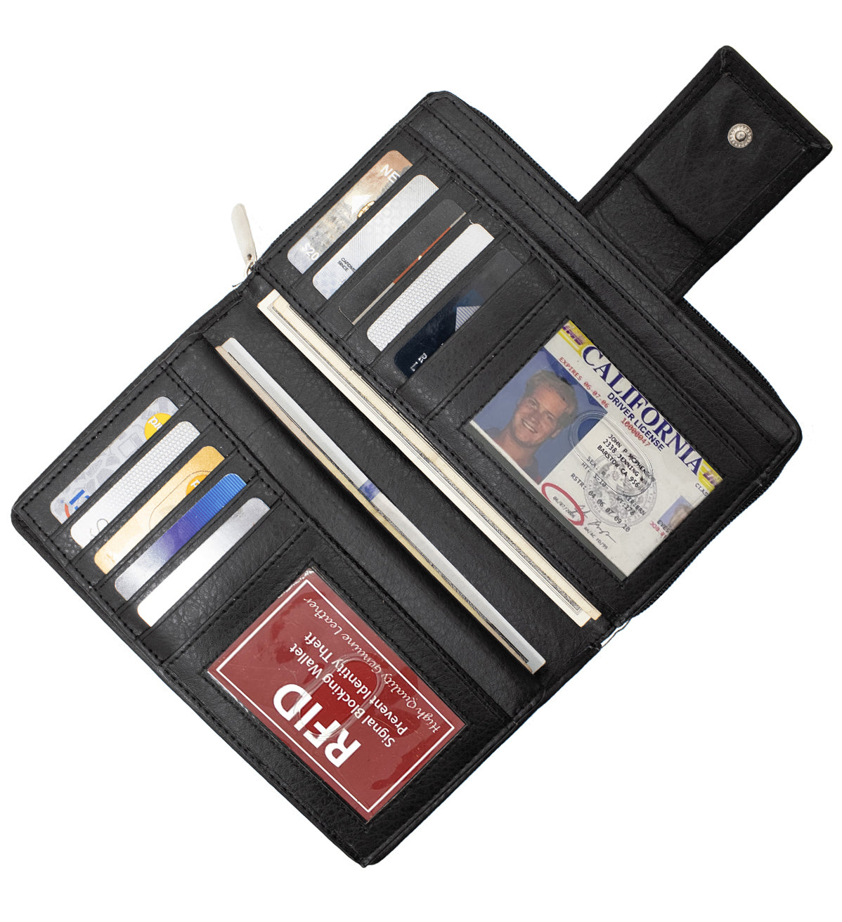 RFID Blocking Leather 2 Zip Wallet for Women Credit Card Holder Strap Closed Organizer Wallet