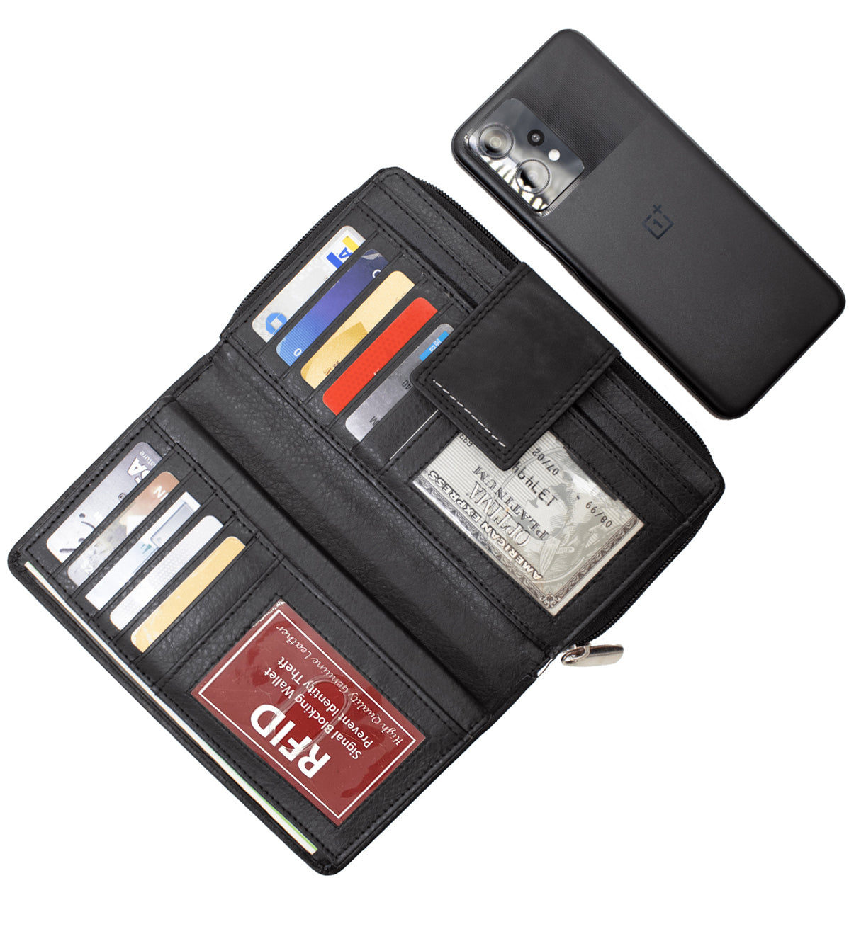 RFID Blocking Leather 2 Zip Wallet for Women Credit Card Holder Strap Closed Organizer Wallet