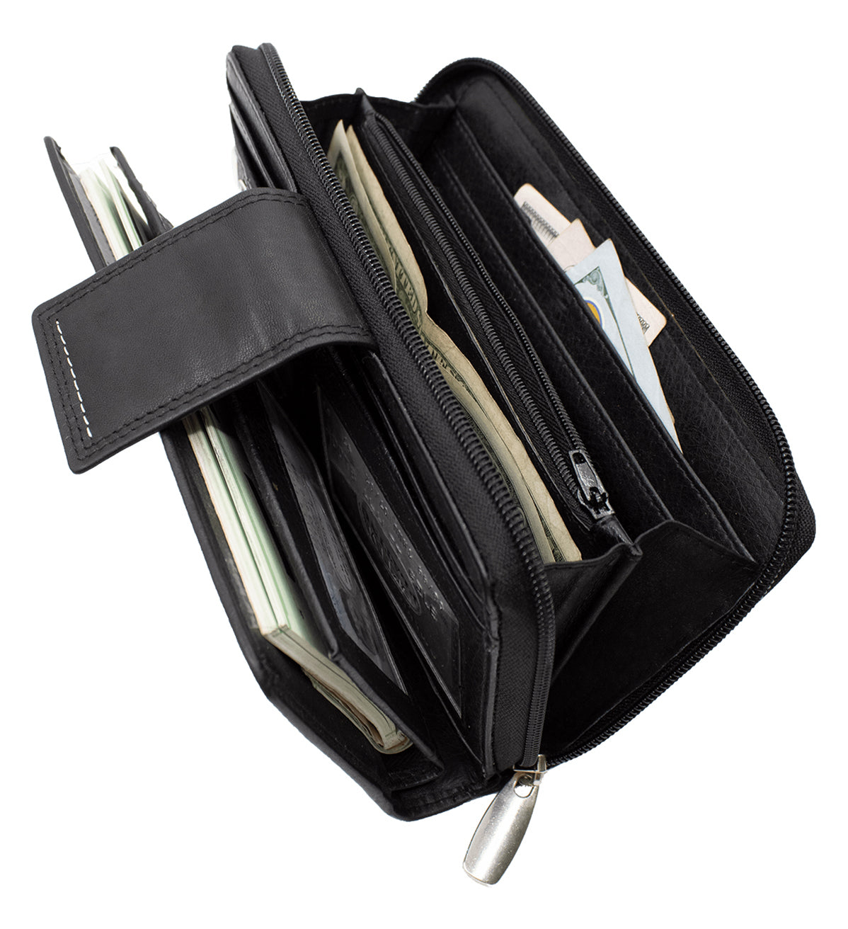 RFID Blocking Leather 2 Zip Wallet for Women Credit Card Holder Strap Closed Organizer Wallet
