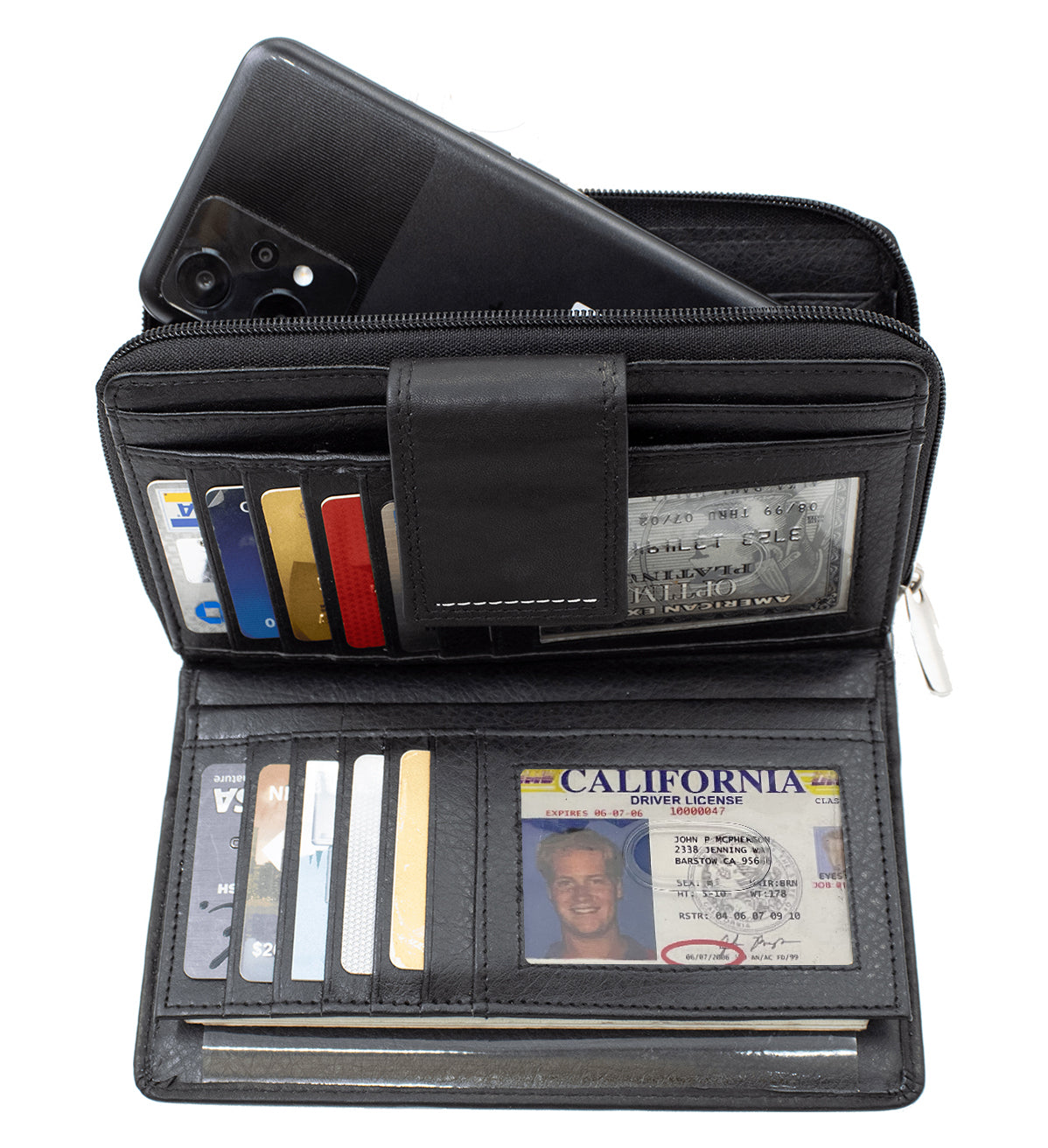 RFID Blocking Leather 2 Zip Wallet for Women Credit Card Holder Strap Closed Organizer Wallet