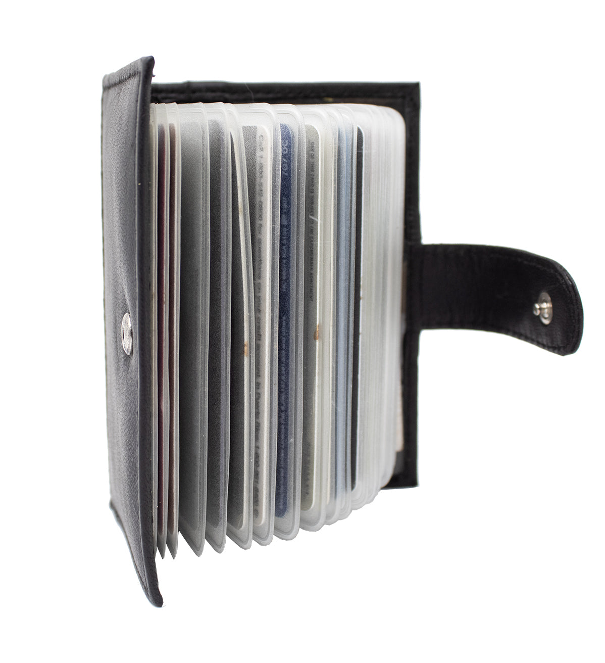 Black Leather Pocket Business Card Organizer Clear Sleeve Insert strap closed ID Wallet