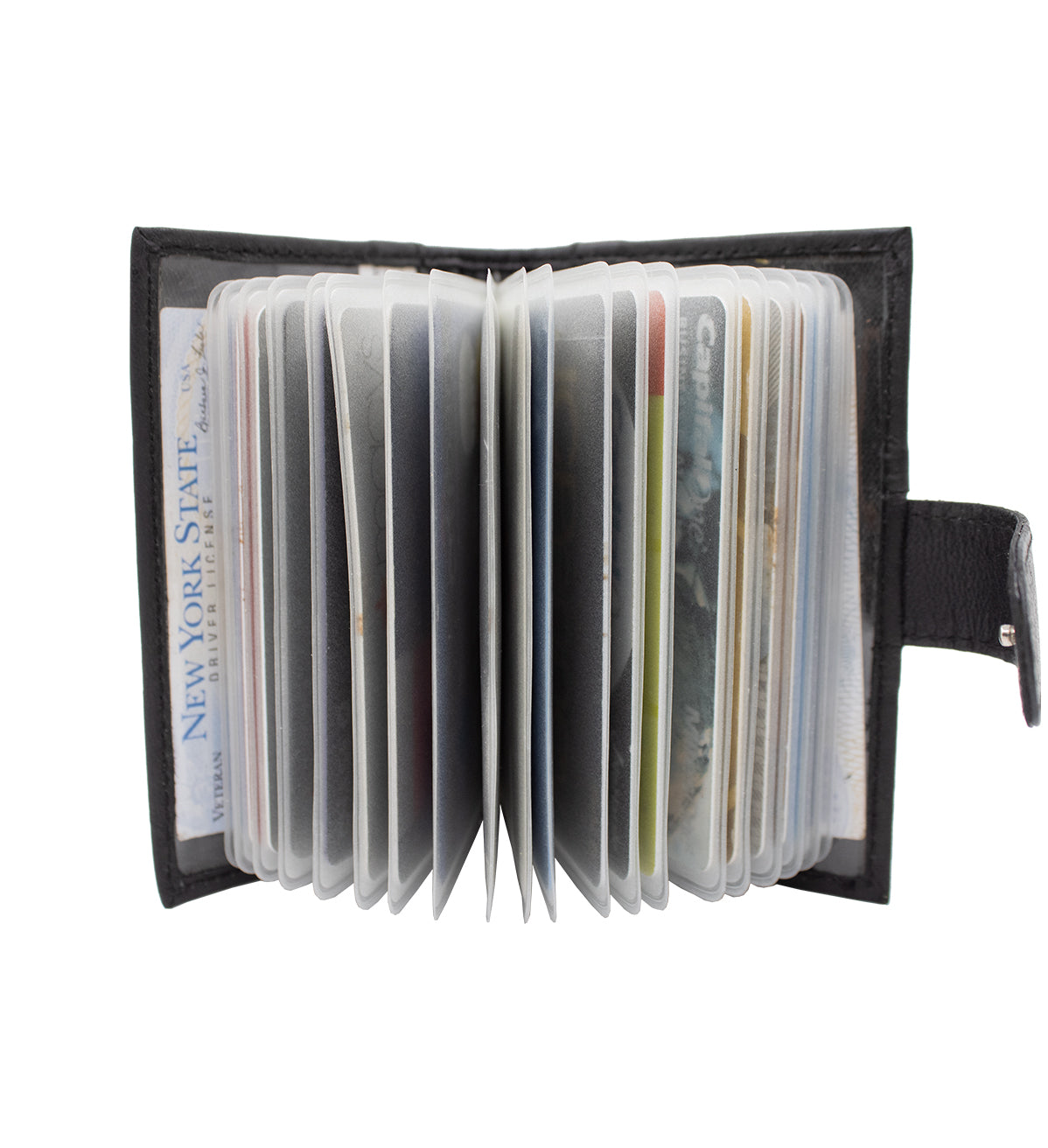 Black Leather Pocket Business Card Organizer Clear Sleeve Insert strap closed ID Wallet