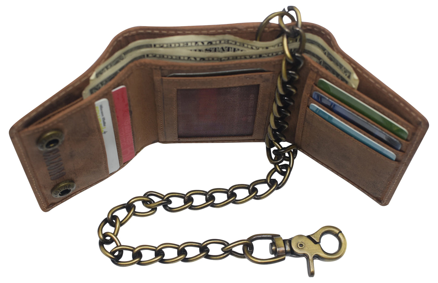 Blue Men's Leather Biker Trifold Wallet Long Chain Trucker Motorcyclist