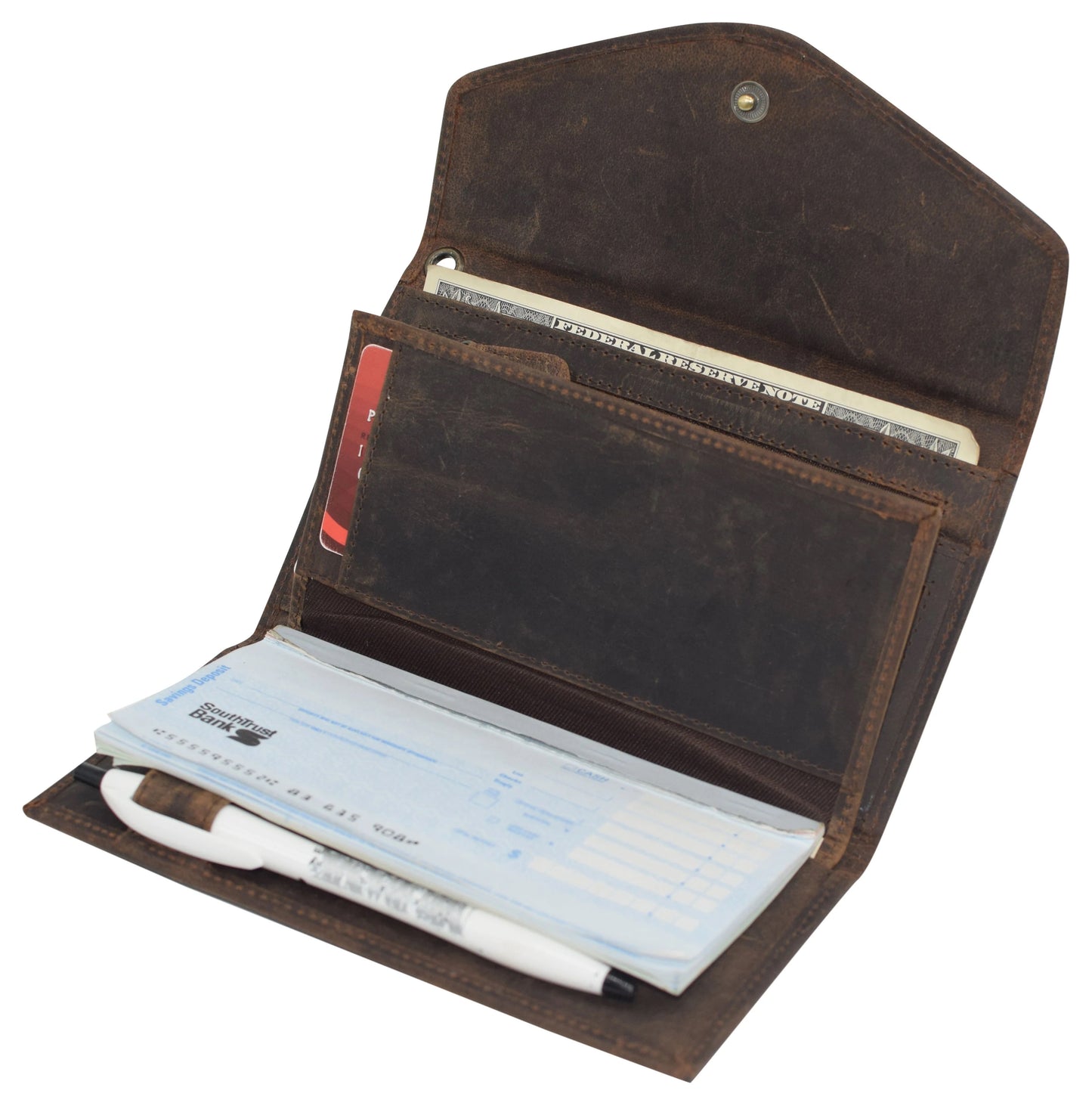 RFID Blocking Hunter Brown Genuine Leather Lady's Checkbook Clutch Wallet