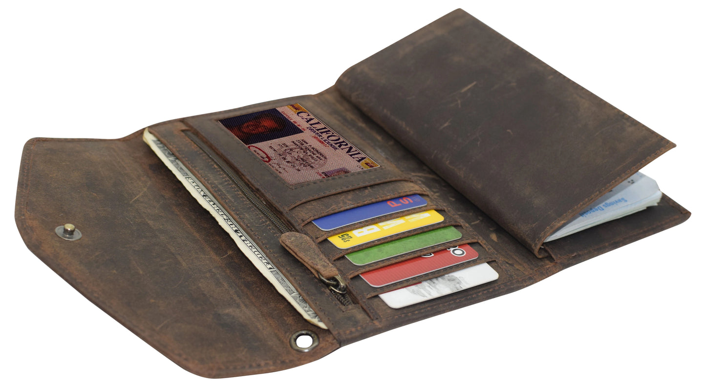 RFID Blocking Hunter Brown Genuine Leather Lady's Checkbook Clutch Wallet