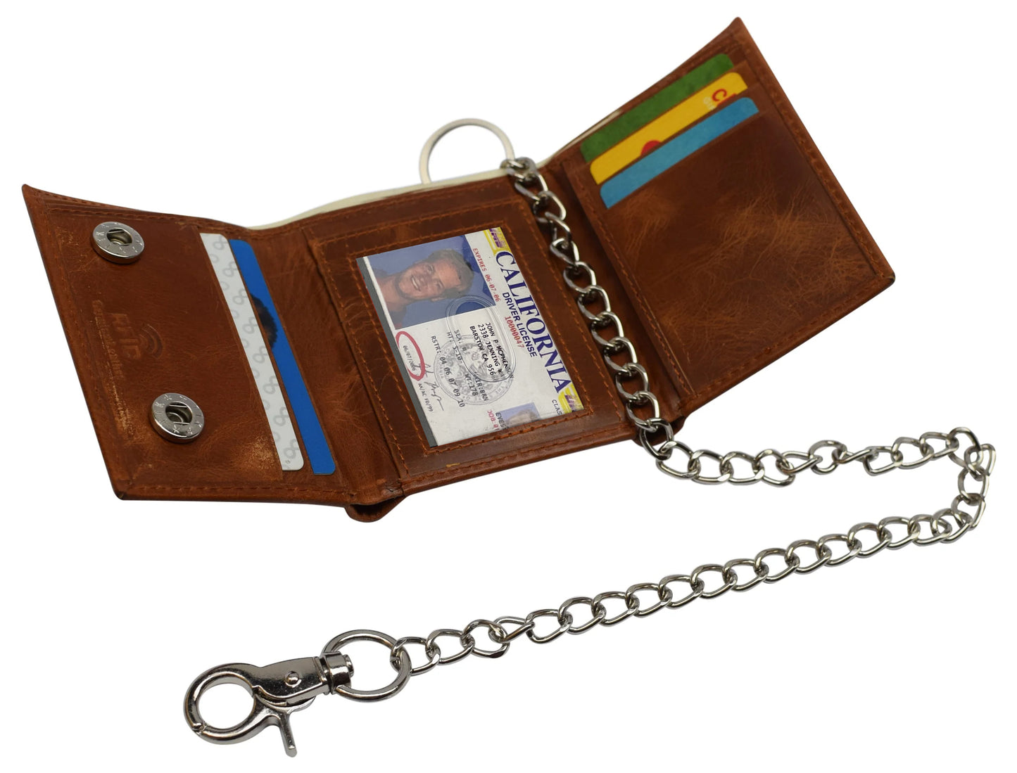 RFID Blocking Hunter Brown Leather Biker'S Wallet Steel Chain Motorcyclist