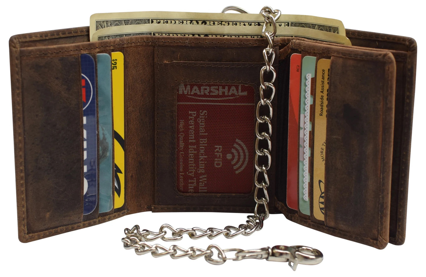 Hunter Brown RFID Blocking Steel Chain Trifold Wallet with Center Flap