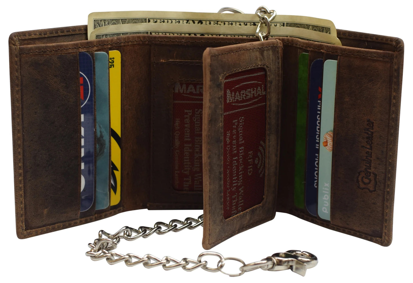 Hunter Brown RFID Blocking Steel Chain Trifold Wallet with Center Flap