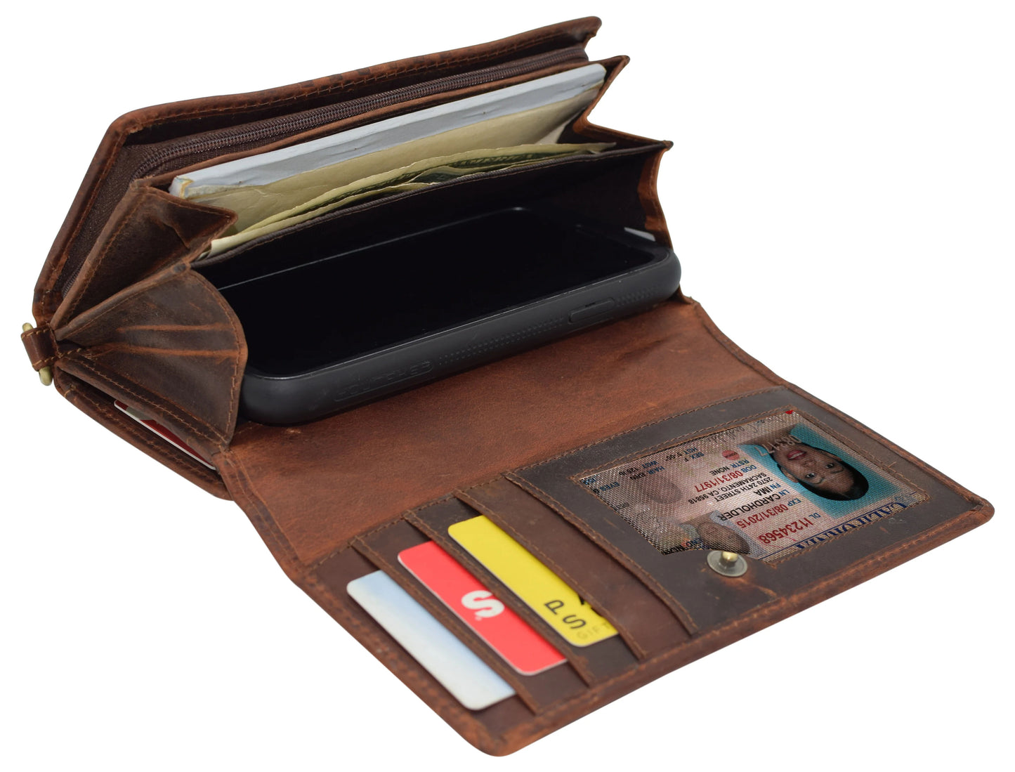 Hunter Brown RFID Blocking Leather Women Checkbook Cover Clutch Wallet