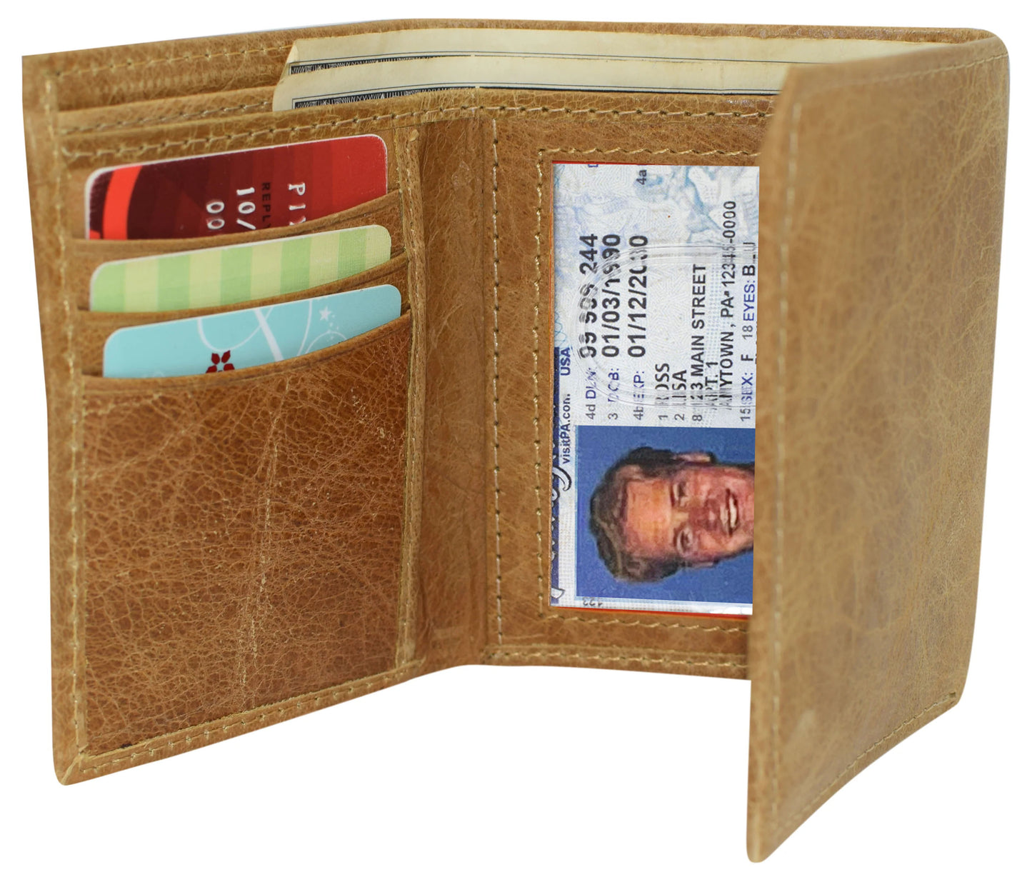 RFID Blocking Hunter Tan Vintage Distressed Leather Trifold Wallet