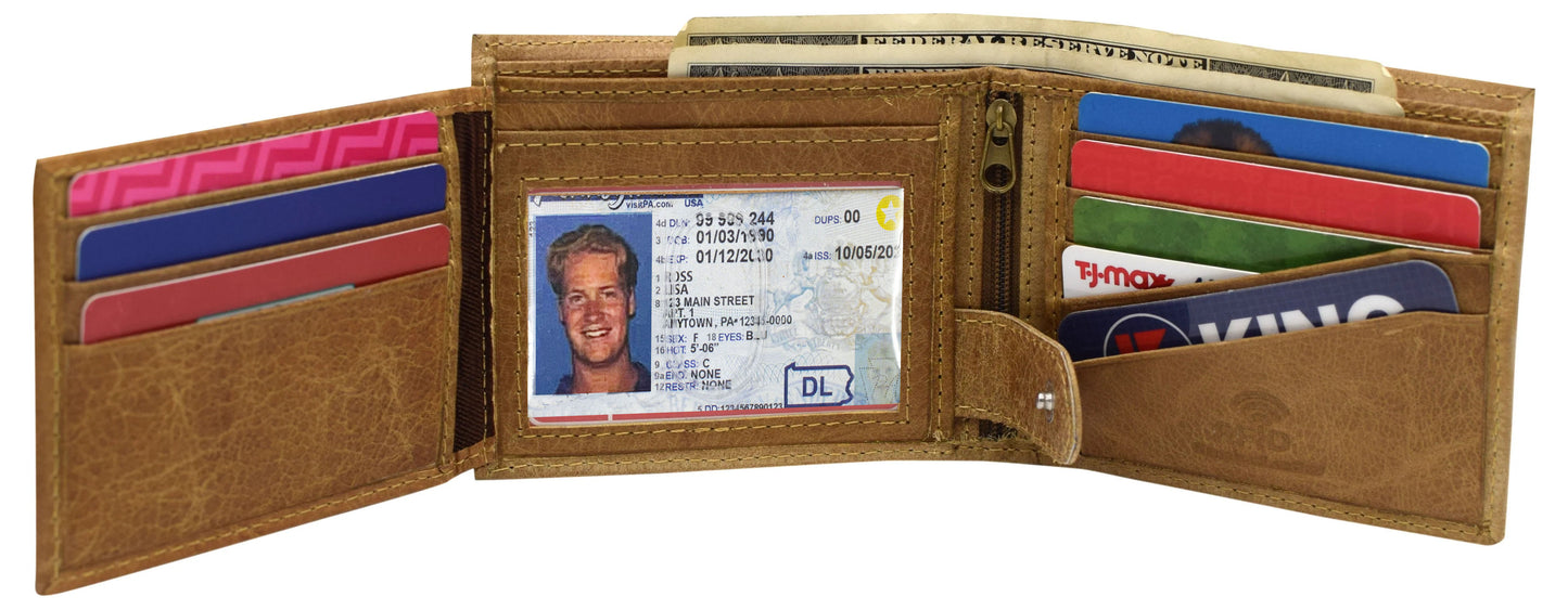 RFID Blocking Vintage Leather Bifold Wallet Flap Open ID Holder